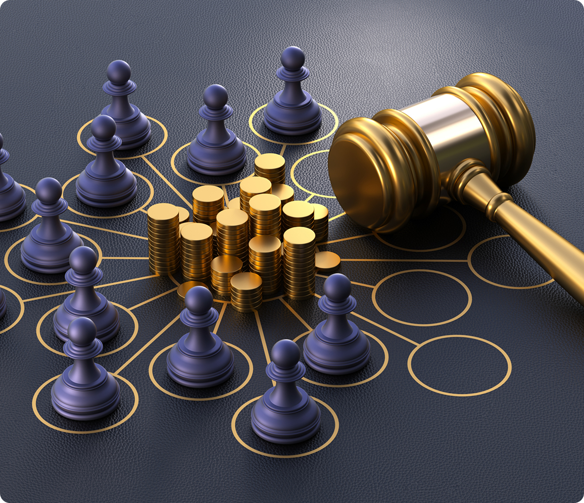 Gavel, chess pawns, and stacked coins arrangement.